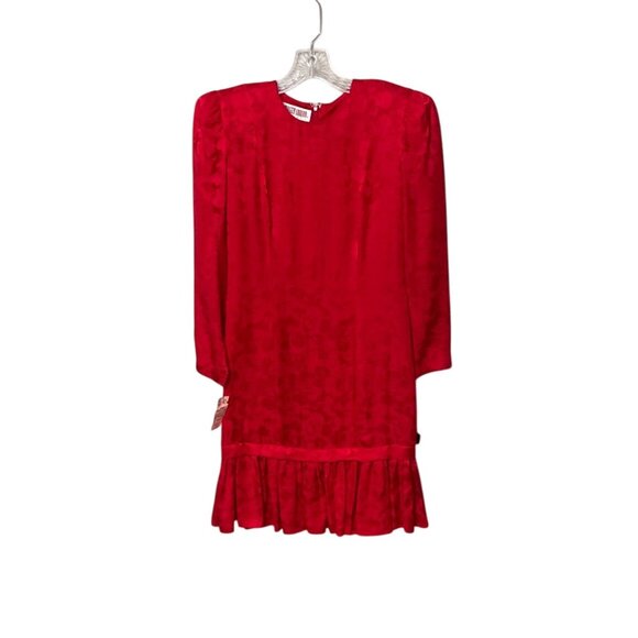 Vtg Maggy London Petites Red Floral Silk Long Sleeve Dress Size 4 Ruffle Hem New - Picture 8 of 8